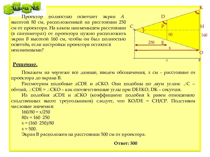 Задача №5 Проектор полностью освещает экран A высотой 80 см,