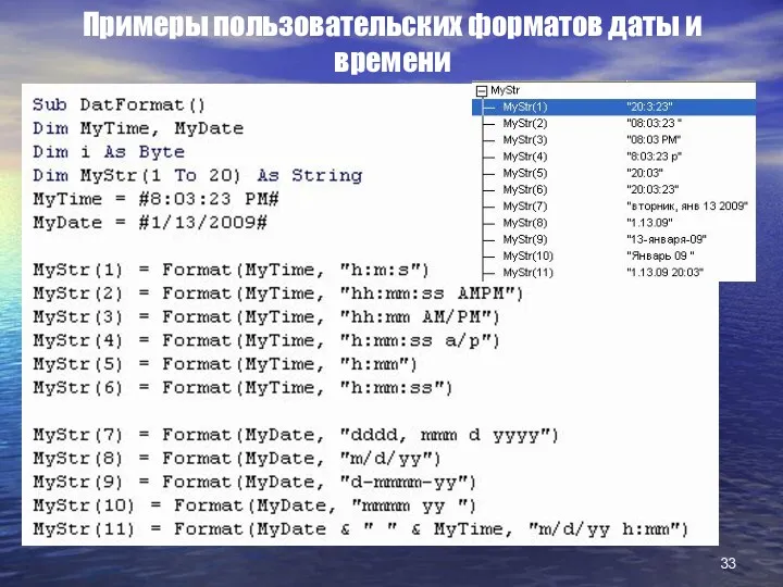 Примеры пользовательских форматов даты и времени