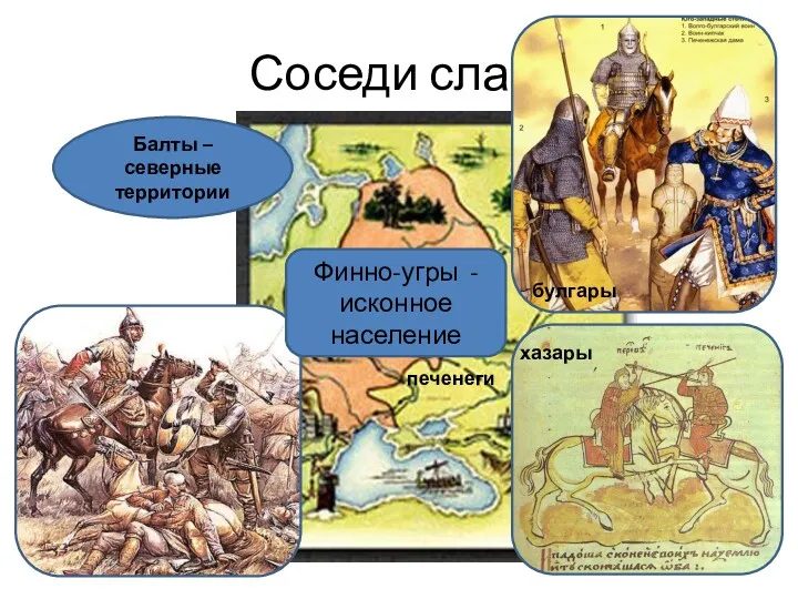 Соседи славян булгары печенеги хазары Финно-угры - исконное население Балты – северные территории