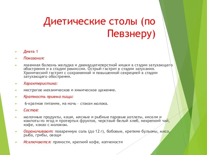 Диетические столы (по Певзнеру) Диета 1 Показания: язвенная болезнь желудка