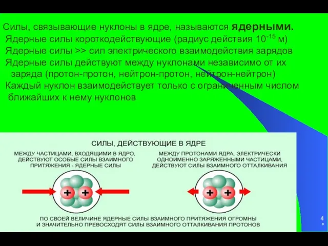 * Силы, связывающие нуклоны в ядре, называются ядерными. Ядерные силы