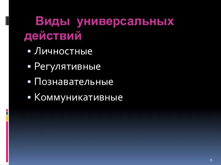 Виды универсальных действий Личностные Регулятивные Познавательные Коммуникативные