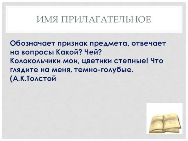 ИМЯ ПРИЛАГАТЕЛЬНОЕ Обозначает признак предмета, отвечает на вопросы Какой? Чей?