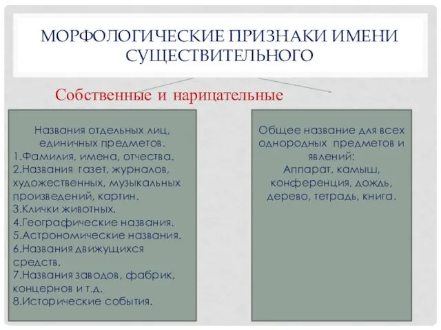 МОРФОЛОГИЧЕСКИЕ ПРИЗНАКИ ИМЕНИ СУЩЕСТВИТЕЛЬНОГО Собственные и нарицательные Названия отдельных лиц, единичных предметов. 1.Фамилия,