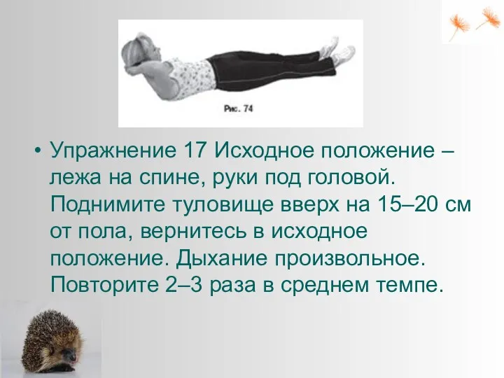 Упражнение 17 Исходное положение – лежа на спине, руки под