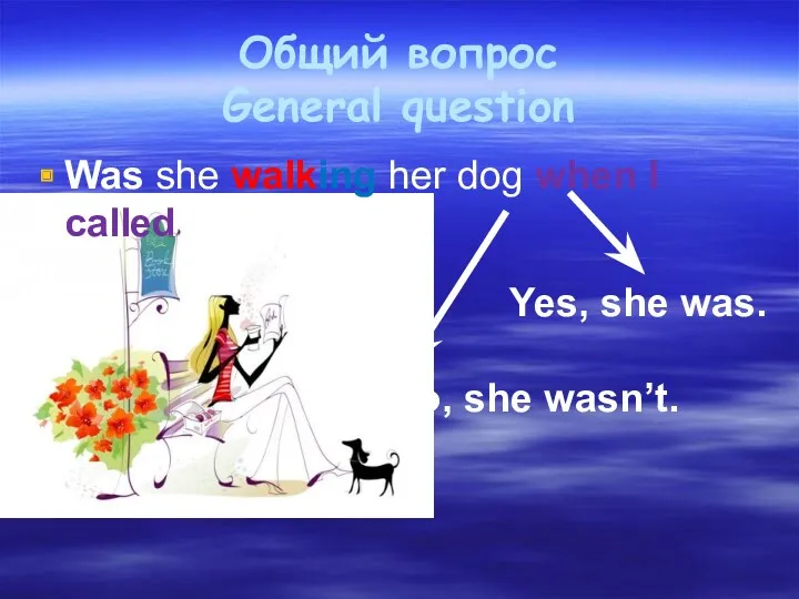 Общий вопрос General question Was she walking her dog when