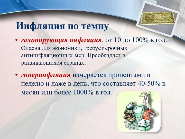 Инфляция по темпу галопирующая инфляция, от 10 до 100% в