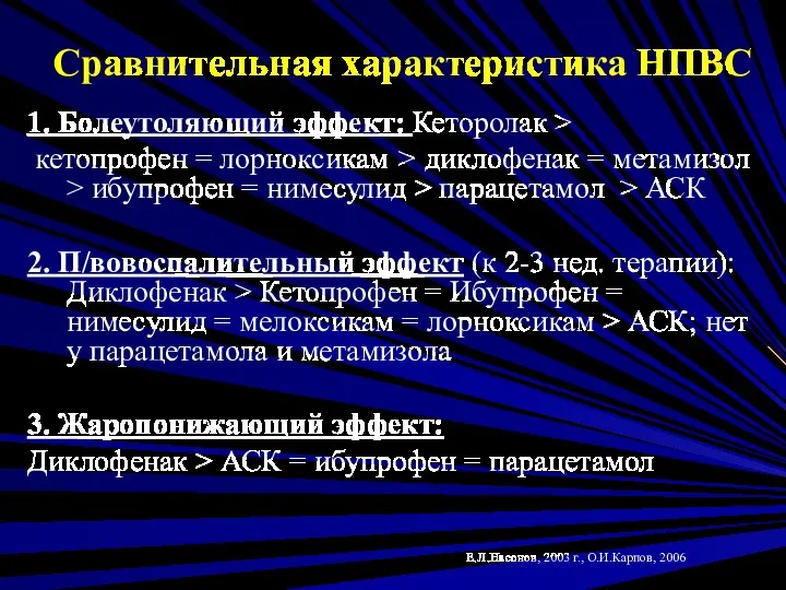 Сравнительная характеристика НПВС 1. Болеутоляющий эффект: Кеторолак > кетопрофен =