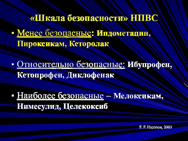 «Шкала безопасности» НПВС Менее безопасные: Индометацин, Пироксикам, Кеторолак Относительно безопасные: