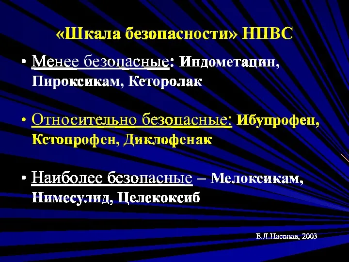 «Шкала безопасности» НПВС Менее безопасные: Индометацин, Пироксикам, Кеторолак Относительно безопасные: