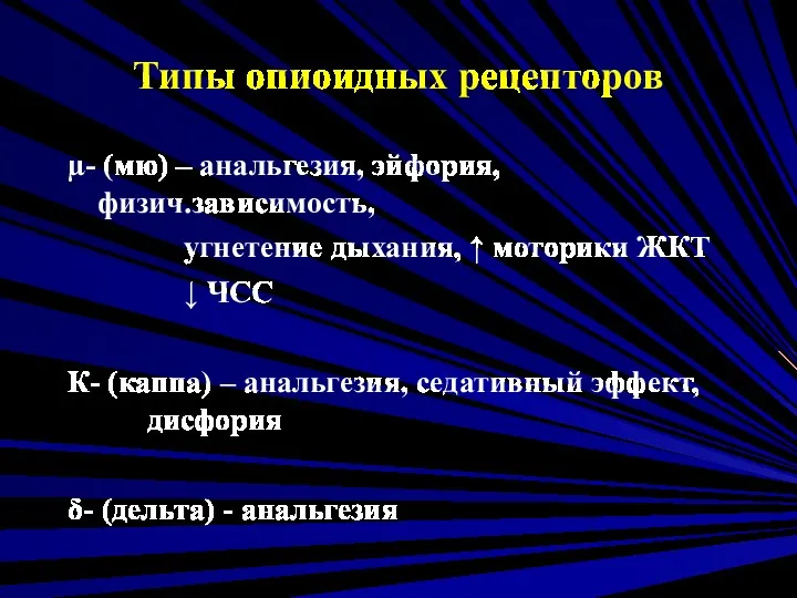 Типы опиоидных рецепторов µ- (мю) – анальгезия, эйфория, физич.зависимость, угнетение