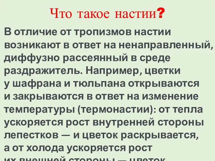 Что такое настии? В отличие от тропизмов настии возникают в