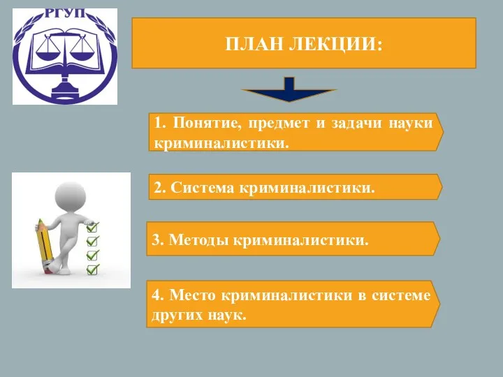 ПЛАН ЛЕКЦИИ: 1. Понятие, предмет и задачи науки криминалистики. 2.