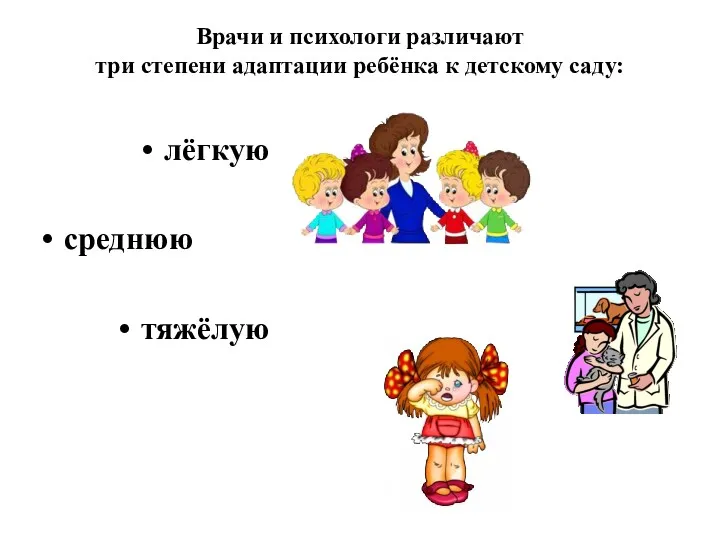 лёгкую среднюю тяжёлую Врачи и психологи различают три степени адаптации ребёнка к детскому саду: