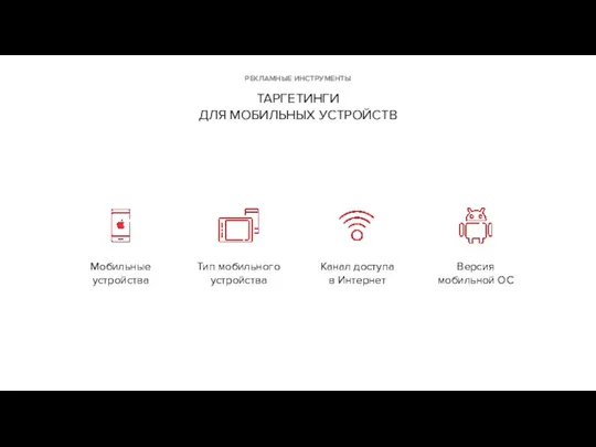 РЕКЛАМНЫЕ ИНСТРУМЕНТЫ ТАРГЕТИНГИ ДЛЯ МОБИЛЬНЫХ УСТРОЙСТВ Мобильные устройства Тип мобильного
