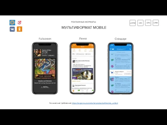 РЕКЛАМНЫЕ ФОРМАТЫ МУЛЬТИФОРМАТ MOBILE Fullscreen Лента Стандарт Технические требования: https://target.my.com/adv/help/adverts/#mobile_unified oCPM