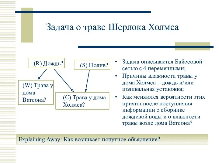 Задача о траве Шерлока Холмса Задача описывается Байесовой сетью с