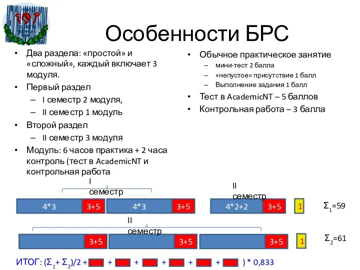 Особенности БРС Два раздела: «простой» и «сложный», каждый включает 3