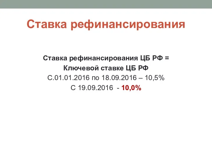 Ставка рефинансирования Ставка рефинансирования ЦБ РФ = Ключевой ставке ЦБ