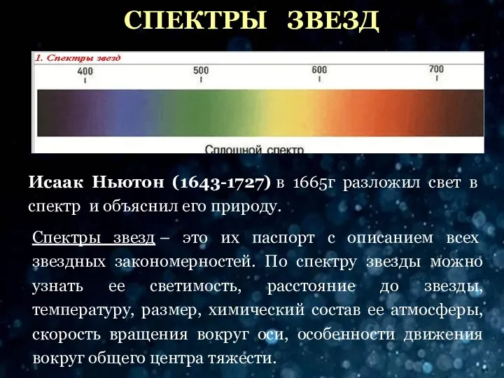 СПЕКТРЫ ЗВЕЗД Исаак Ньютон (1643-1727) в 1665г разложил свет в