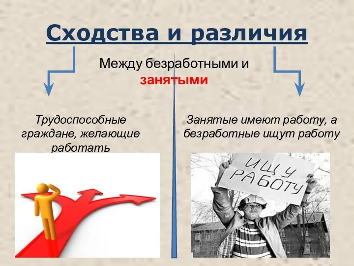 Сходства и различия Между безработными и занятыми Трудоспособные граждане, желающие