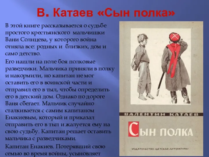 В. Катаев «Сын полка» В этой книге рассказывается о судьбе простого крестьянского мальчишки