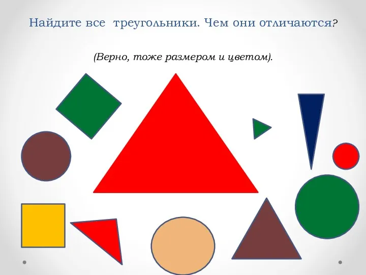 Найдите все треугольники. Чем они отличаются? (Верно, тоже размером и цветом).