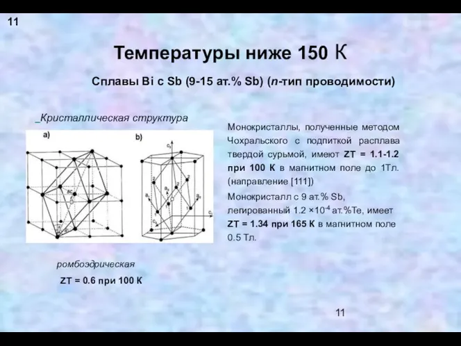 Температуры ниже 150 К Cплавы Bi c Sb (9-15 ат.%