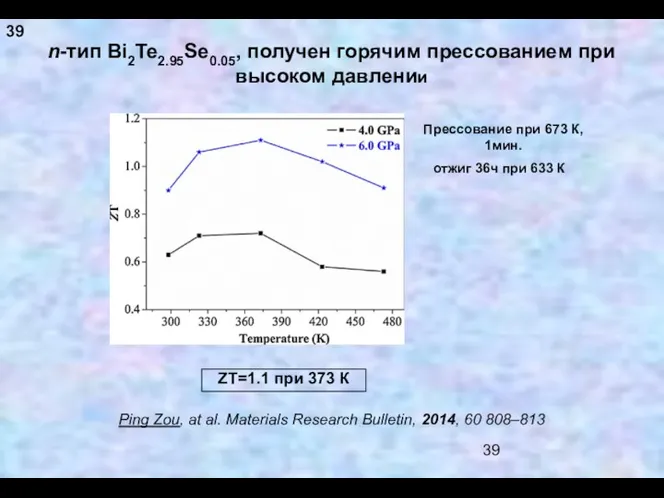 n-тип Bi2Te2.95Se0.05, получен горячим прессованием при высоком давлении Ping Zou,