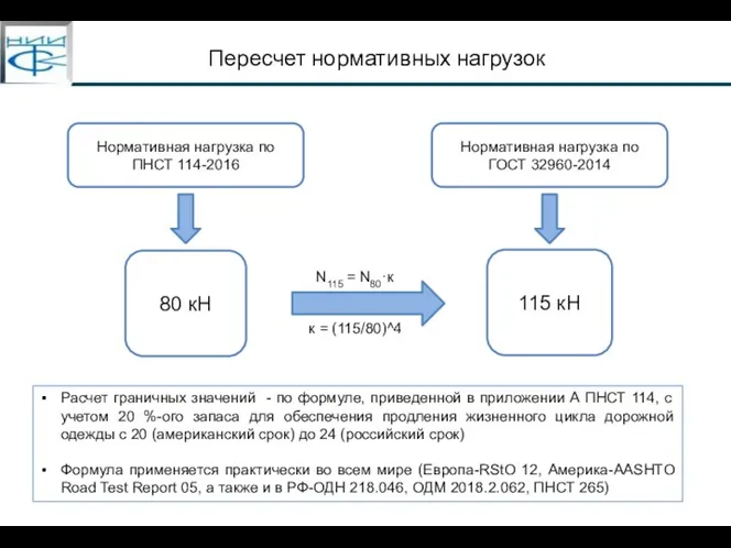 Пересчет нормативных нагрузок Нормативная нагрузка по ПНСТ 114-2016 80 кН