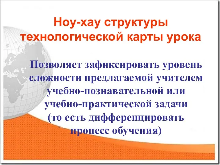 Ноу-хау структуры технологической карты урока Позволяет зафиксировать уровень сложности предлагаемой