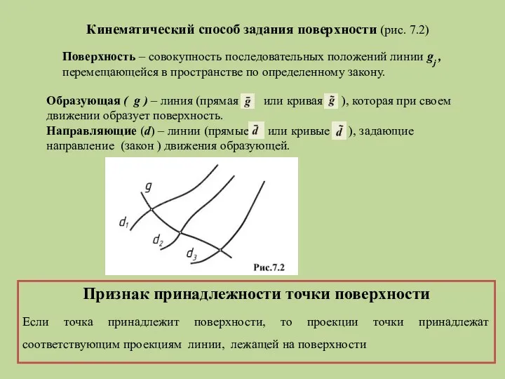 Кинематический способ задания поверхности (рис. 7.2) Поверхность – совокупность последовательных