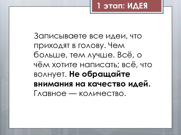 1 этап: ИДЕЯ Записываете все идеи, что приходят в голову.