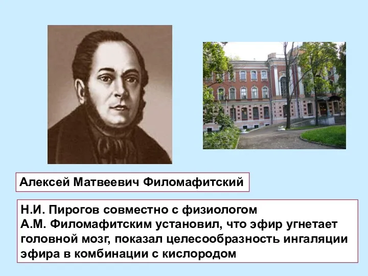 Н.И. Пирогов совместно с физиологом А.М. Филомафитским установил, что эфир угнетает головной мозг,