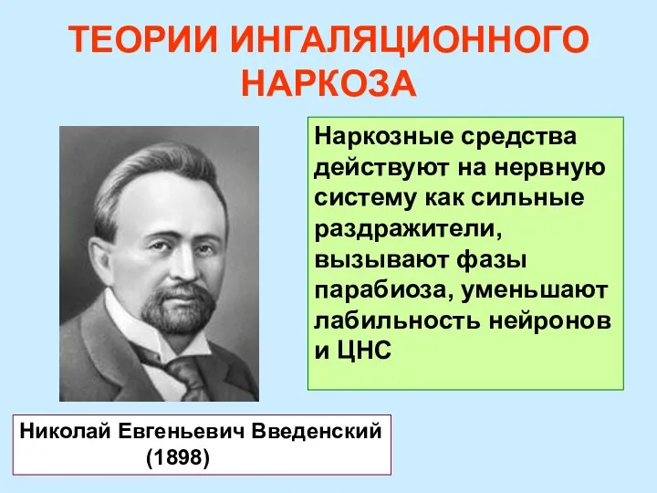 ТЕОРИИ ИНГАЛЯЦИОННОГО НАРКОЗА Наркозные средства действуют на нервную систему как сильные раздражители, вызывают