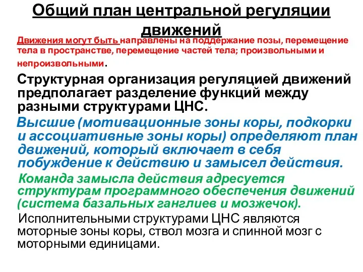 Общий план центральной регуляции движений Движения могут быть направлены на