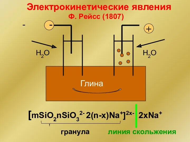 Электрокинетические явления Ф. Pейсс (1807) [mSiO2nSiO32- 2(n-x)Na+]2x- 2xNa+ гранула линия скольжения