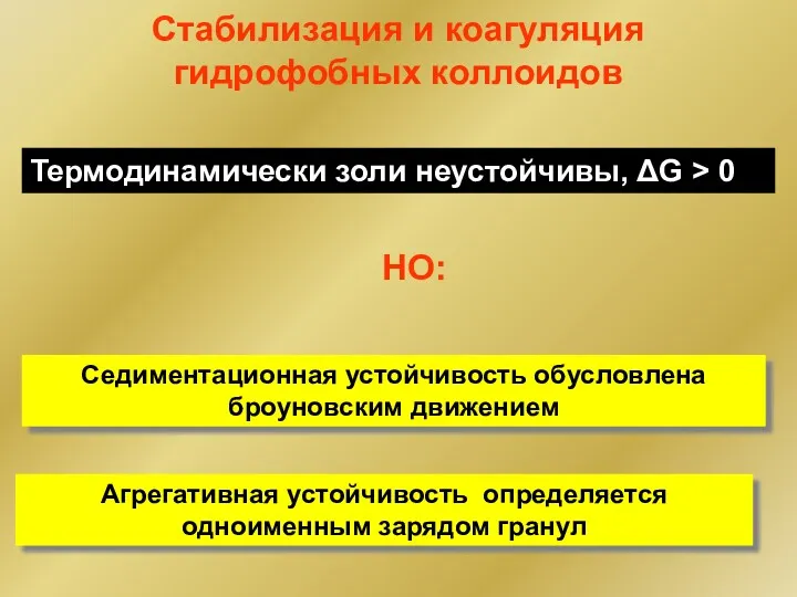 Стабилизация и коагуляция гидрофобных коллоидов Седиментационная устойчивость обусловлена броуновским движением