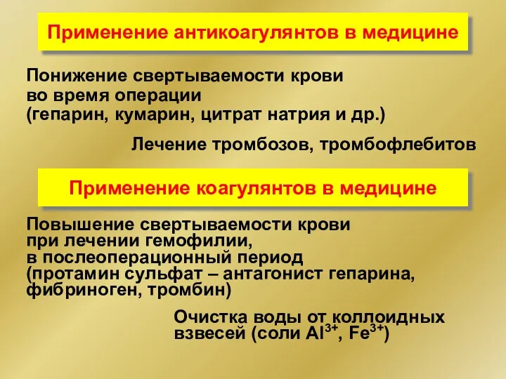 Применение антикоагулянтов в медицине Лечение тромбозов, тромбофлебитов Понижение свертываемости крови