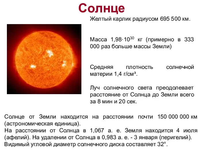 Солнце Желтый карлик радиусом 695 500 км. Масса 1,98·1030 кг