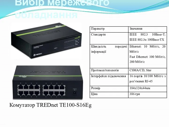 Вибір мережевого обладнання Комутатор TREDnet ТE100-S16Eg