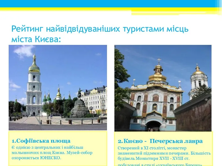 Рейтинг найвідвідуваніших туристами місць міста Києва: 1.Софіївська площа Є однією