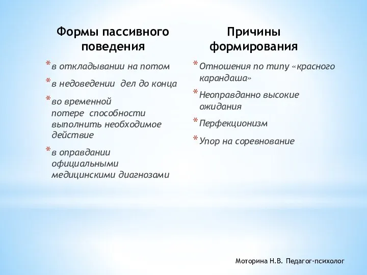 Формы пассивного поведения в откладывании на потом в недоведении дел