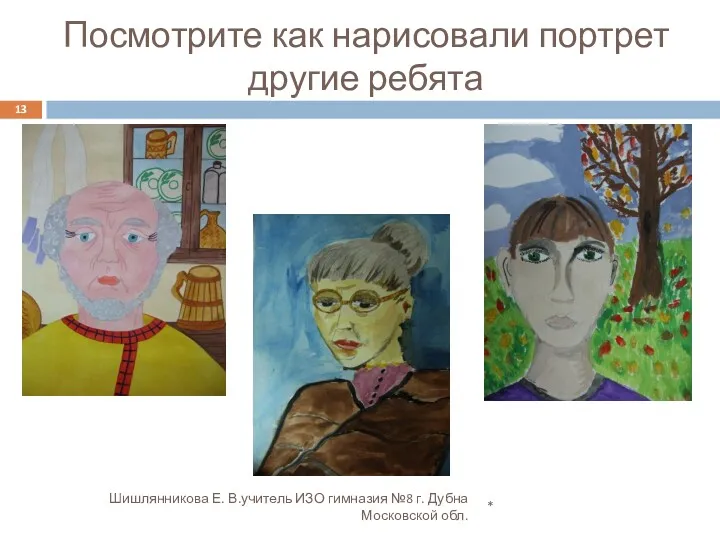 Посмотрите как нарисовали портрет другие ребята * Шишлянникова Е. В.учитель ИЗО гимназия №8