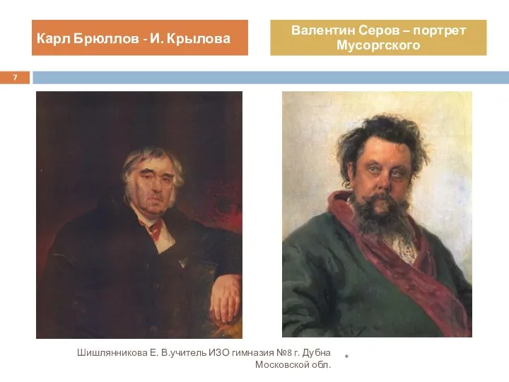 * Шишлянникова Е. В.учитель ИЗО гимназия №8 г. Дубна Московской обл. Карл Брюллов