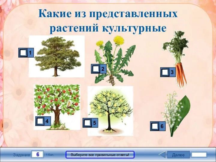 Далее 6 Задание 1 бал. Выберите все правильные ответы! Какие из представленных растений культурные