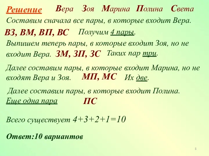 Составим сначала все пары, в которые входит Вера. ВЗ, ВМ,