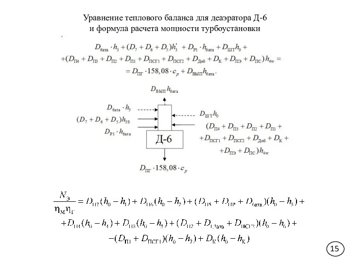 Уравнение теплового баланса для деаэратора Д-6 и формула расчета мощности турбоустановки 15