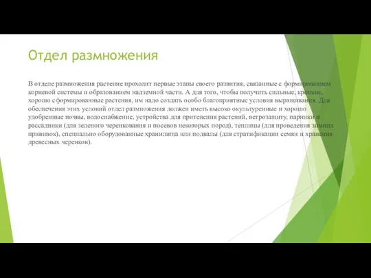 Отдел размножения В отделе размножения расте­ние проходит первые этапы своего