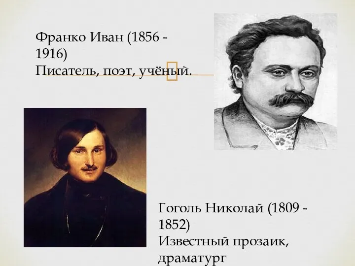 Франко Иван (1856 - 1916) Писатель, поэт, учёный. Гоголь Николай (1809 - 1852) Известный прозаик, драматург